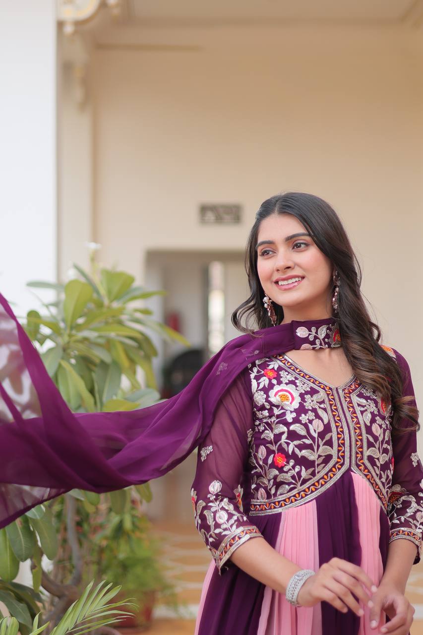 Spectacular Two Tone Faux Georgette Embroidered Gown With Dupatta - ETHNICDEAL