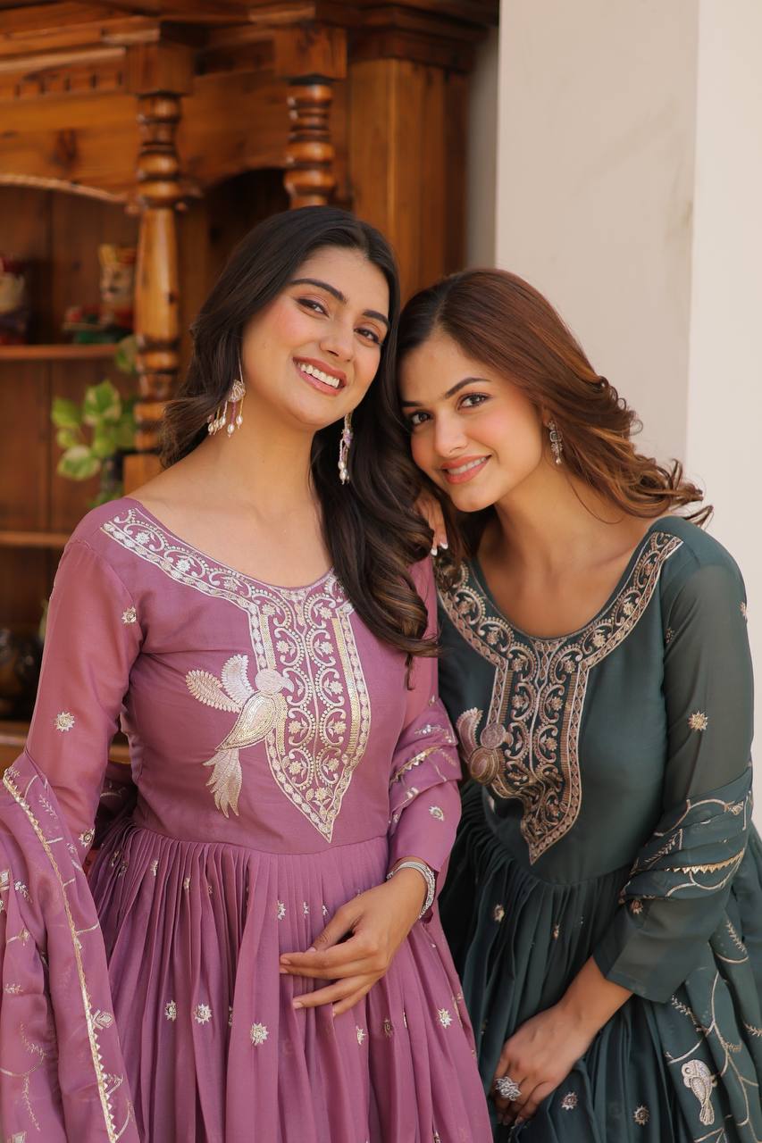 Elegant Star Georgette Gown with Heavy Sequin Embroidery With Matching Dupatta - ETHNICDEAL