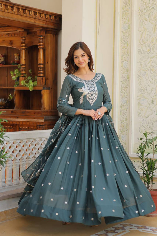 Elegant Star Georgette Gown with Heavy Sequin Embroidery With Matching Dupatta - ETHNICDEAL