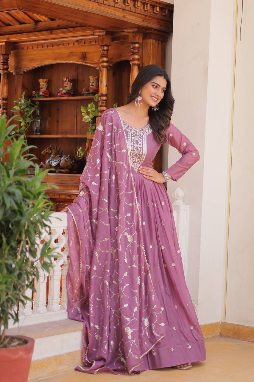 Elegant Star Georgette Gown with Heavy Sequin Embroidery With Matching Dupatta - ETHNICDEAL