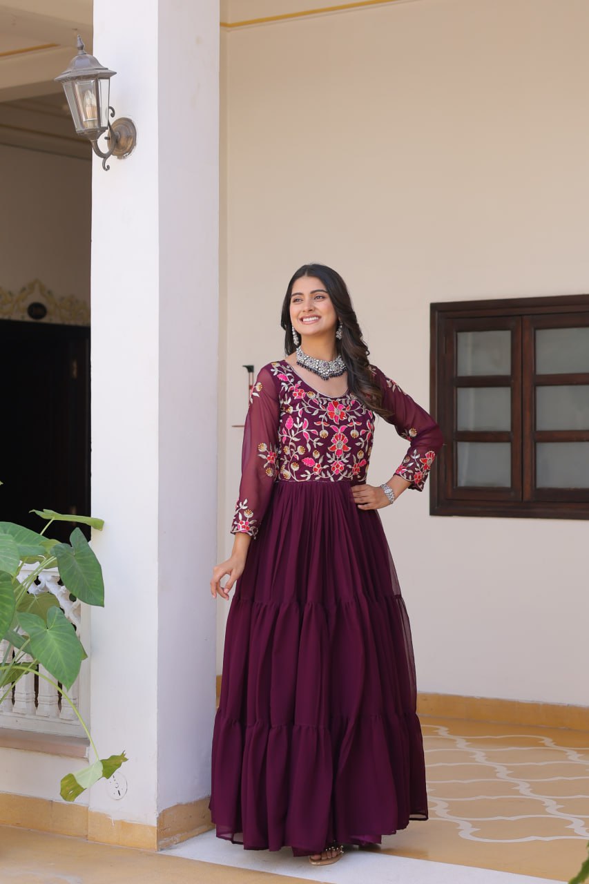 Luxurious Faux Georgette Gown with 3mm Sequence Thread Work - ETHNICDEAL
