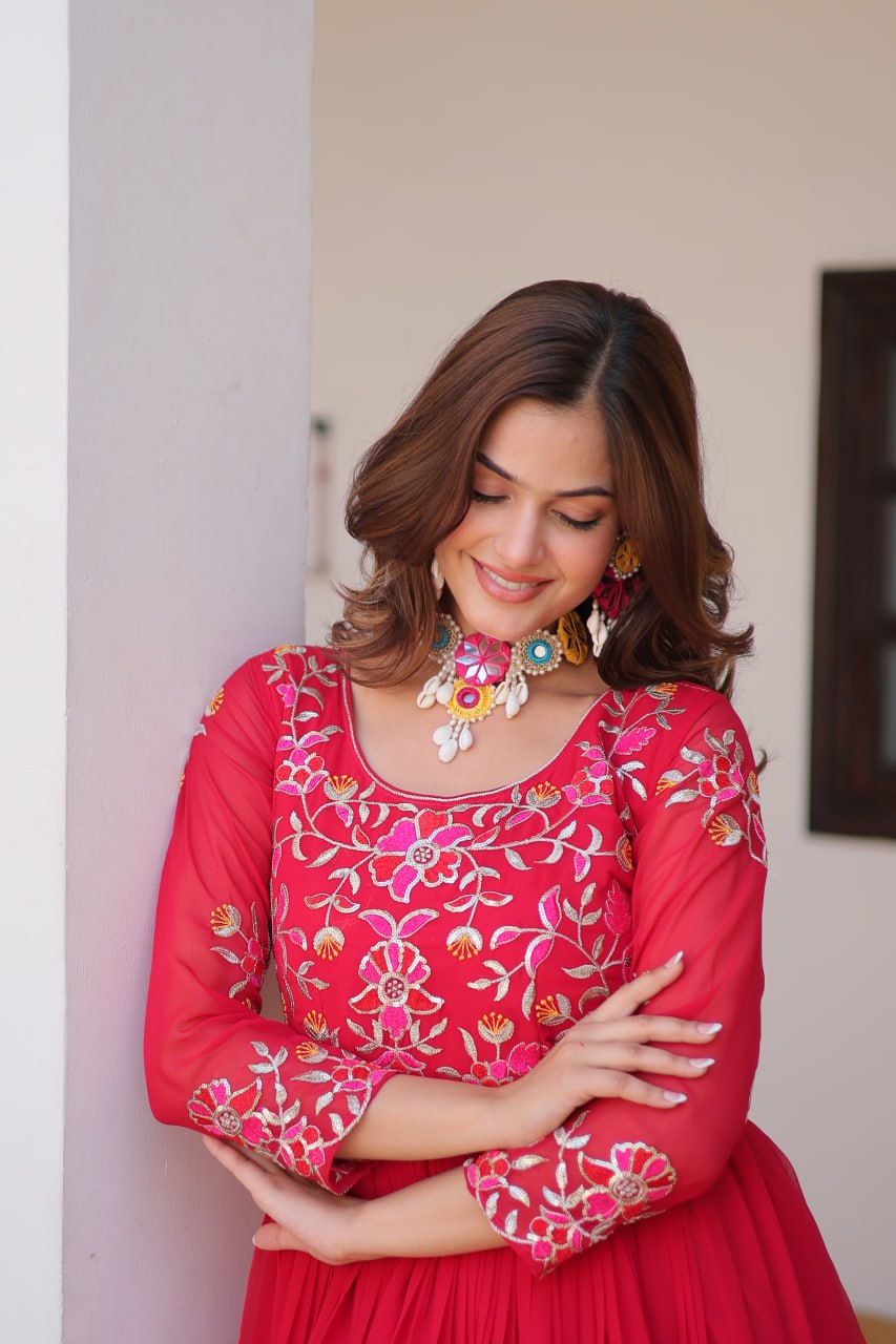 Luxurious Faux Georgette Gown with 3mm Sequence Thread Work - ETHNICDEAL