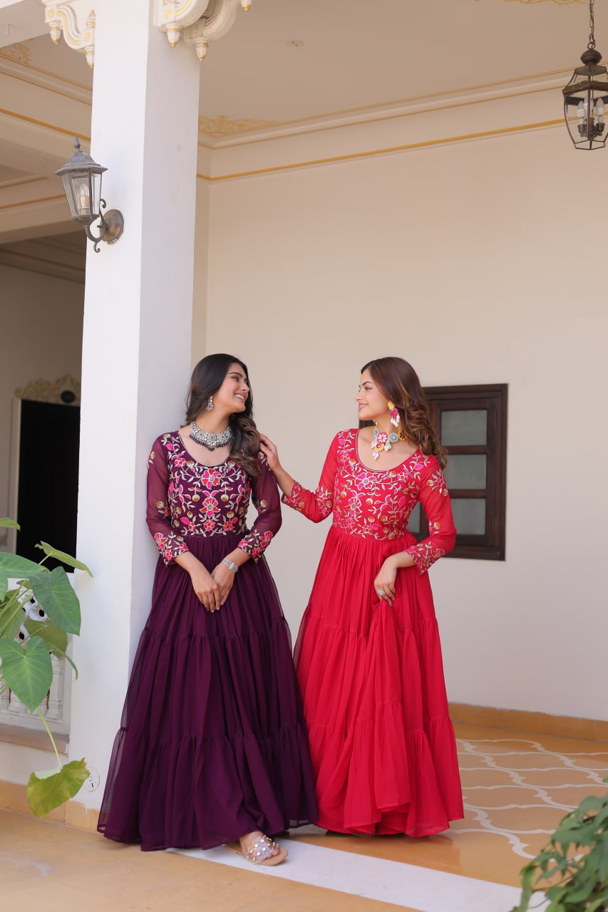 Luxurious Faux Georgette Gown with 3mm Sequence Thread Work - ETHNICDEAL