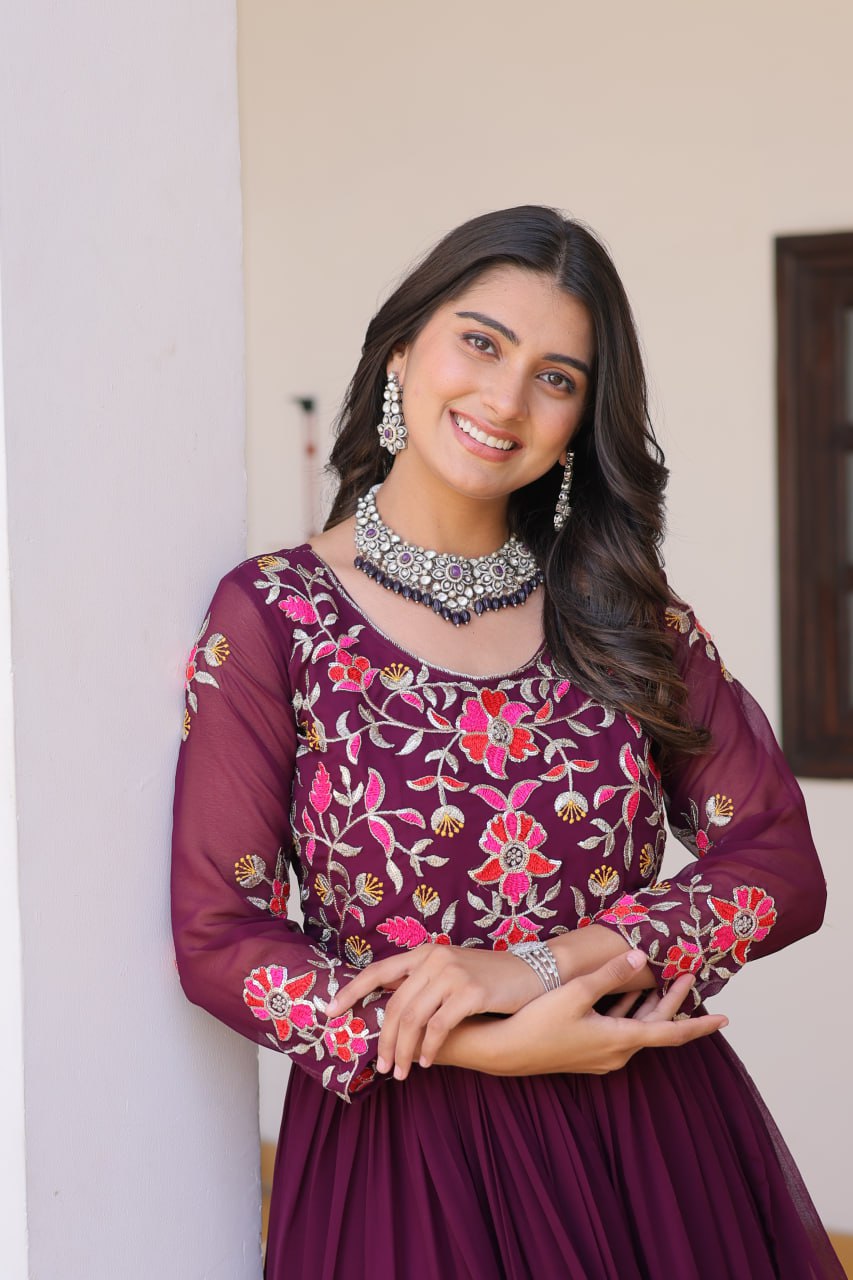 Luxurious Faux Georgette Gown with 3mm Sequence Thread Work - ETHNICDEAL