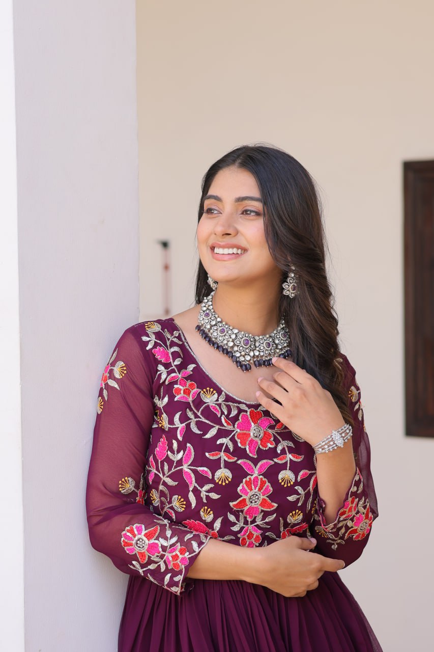 Luxurious Faux Georgette Gown with 3mm Sequence Thread Work - ETHNICDEAL