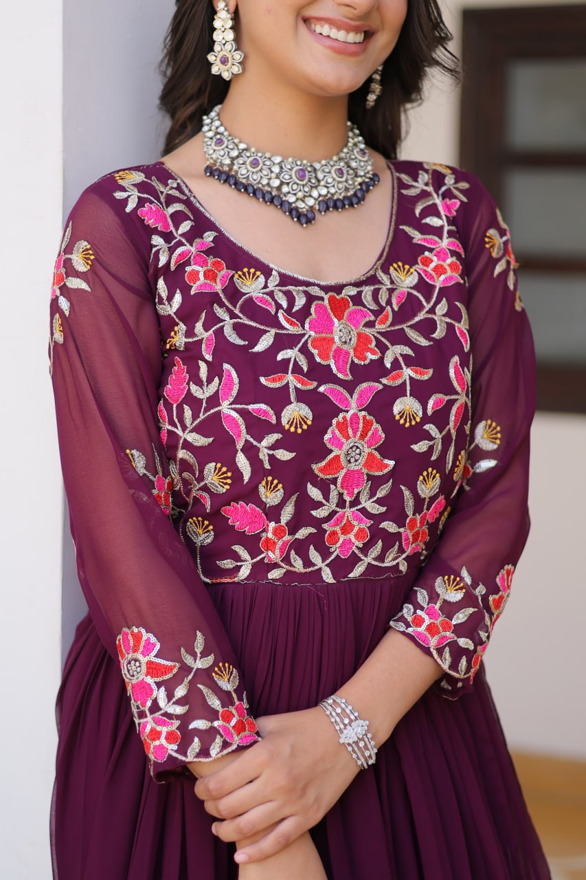 Luxurious Faux Georgette Gown with 3mm Sequence Thread Work - ETHNICDEAL