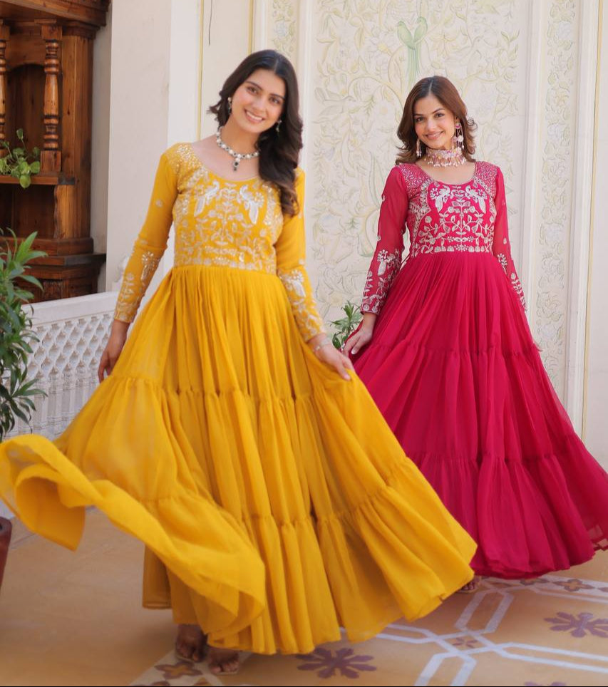 Breathtaking Faux Georgette Sequins Embroidered Gown - ETHNICDEAL