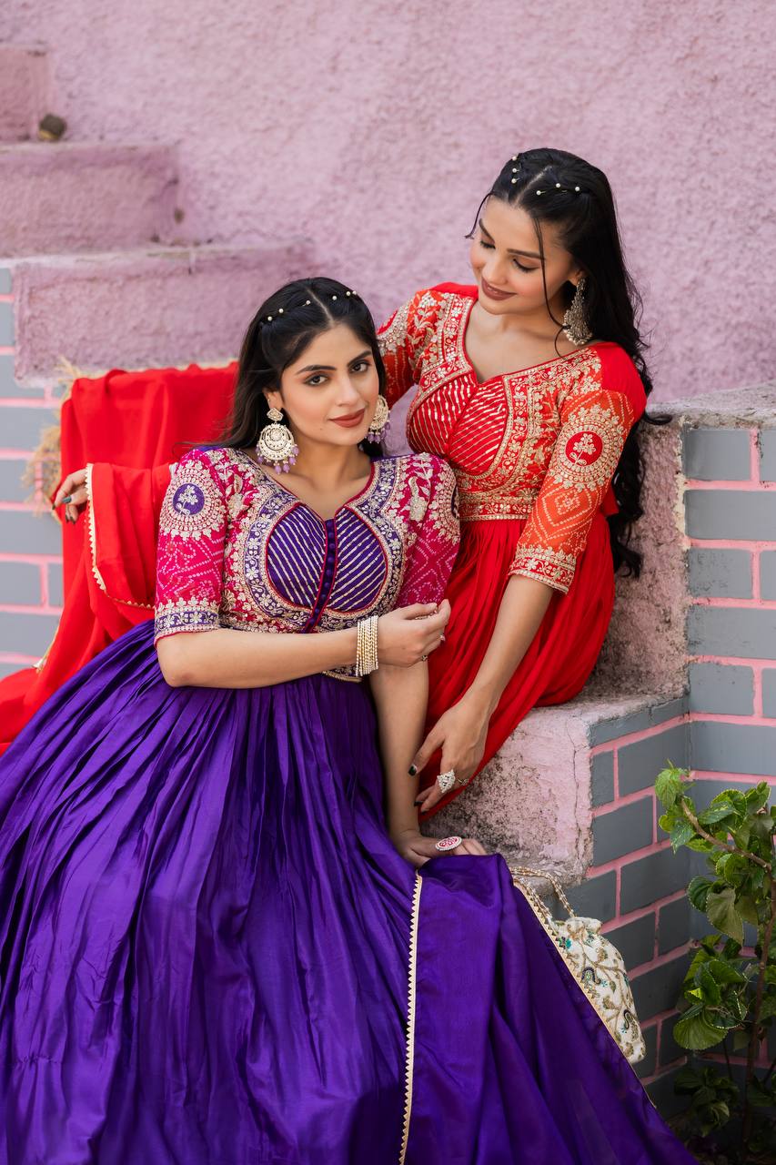 Elegant Pure Chinon Bandhej Gown with Heavy Sequence Embroidery Work - ETHNICDEAL