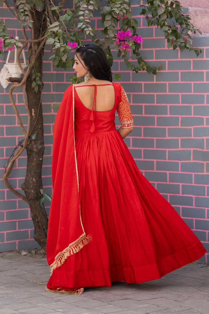 Elegant Pure Chinon Bandhej Gown with Heavy Sequence Embroidery Work - ETHNICDEAL