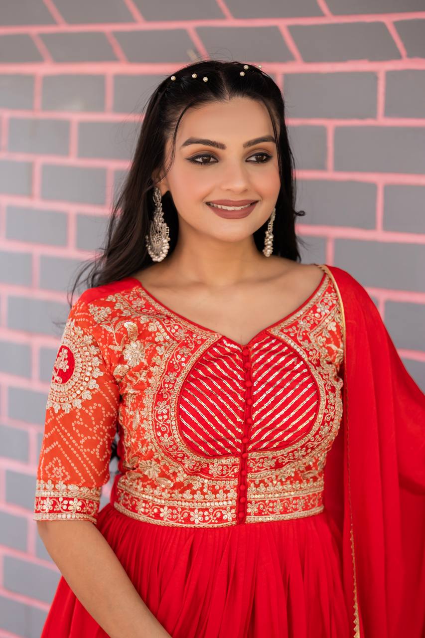 Elegant Pure Chinon Bandhej Gown with Heavy Sequence Embroidery Work - ETHNICDEAL