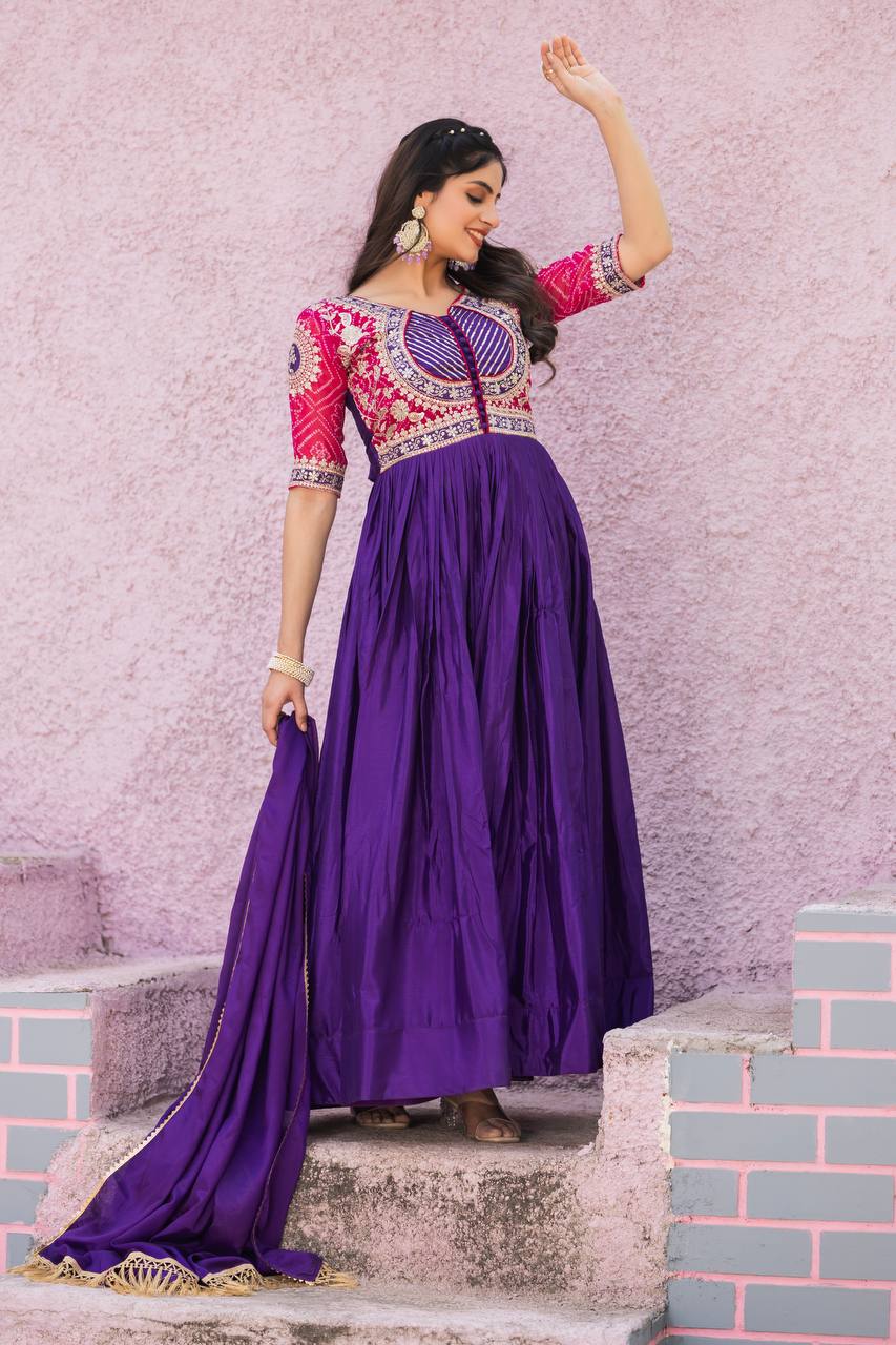 Elegant Pure Chinon Bandhej Gown with Heavy Sequence Embroidery Work - ETHNICDEAL