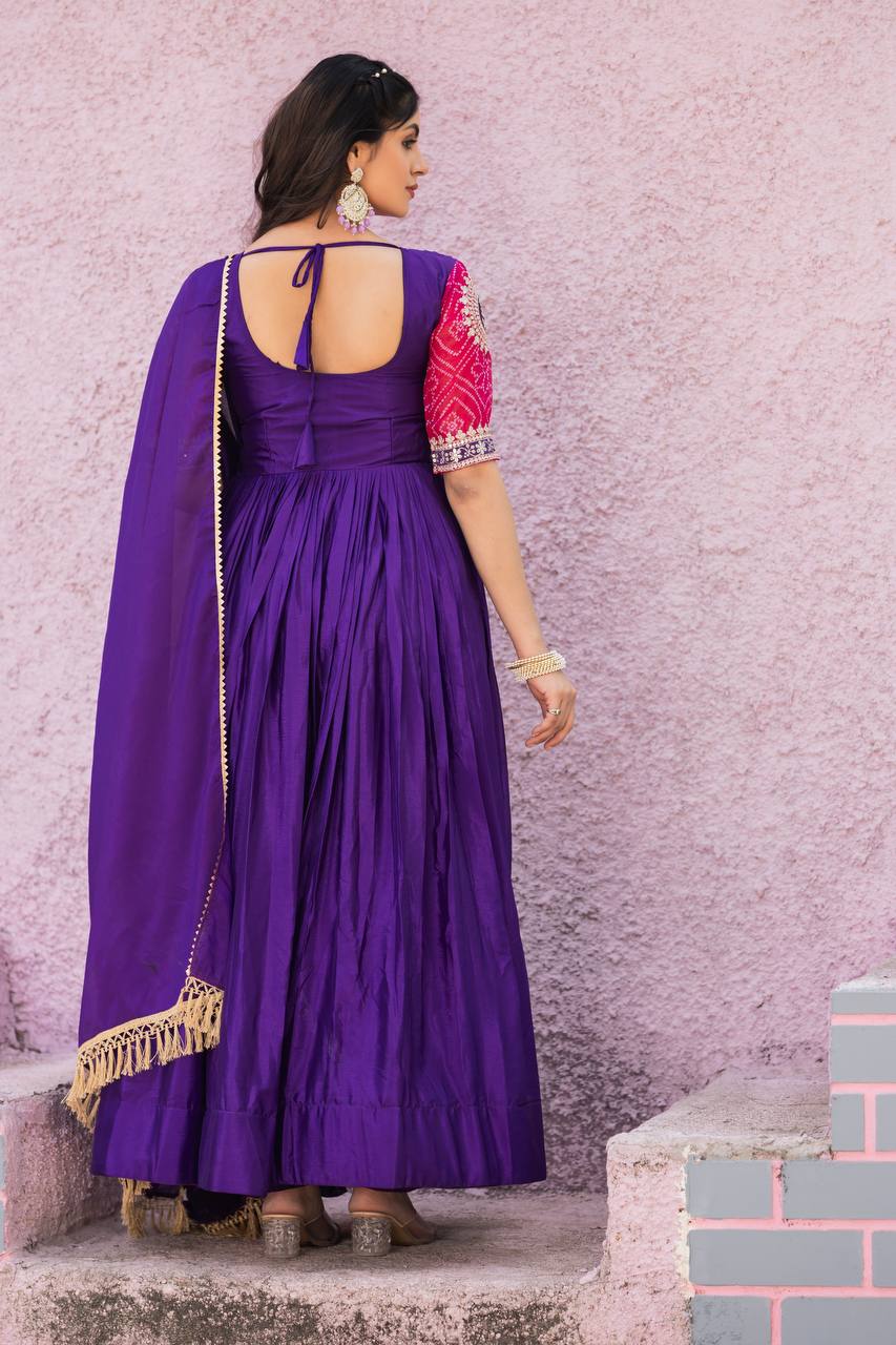 Elegant Pure Chinon Bandhej Gown with Heavy Sequence Embroidery Work - ETHNICDEAL