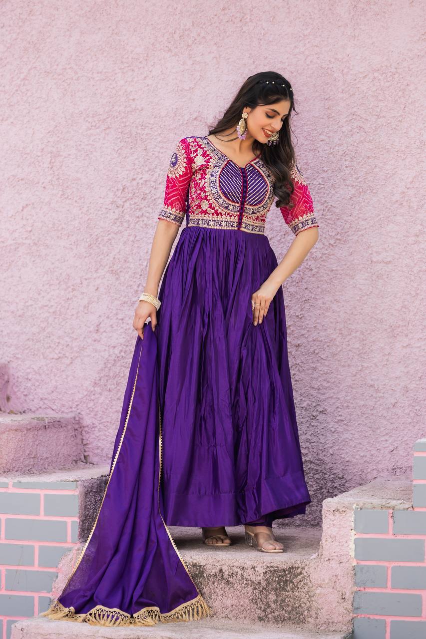Elegant Pure Chinon Bandhej Gown with Heavy Sequence Embroidery Work - ETHNICDEAL