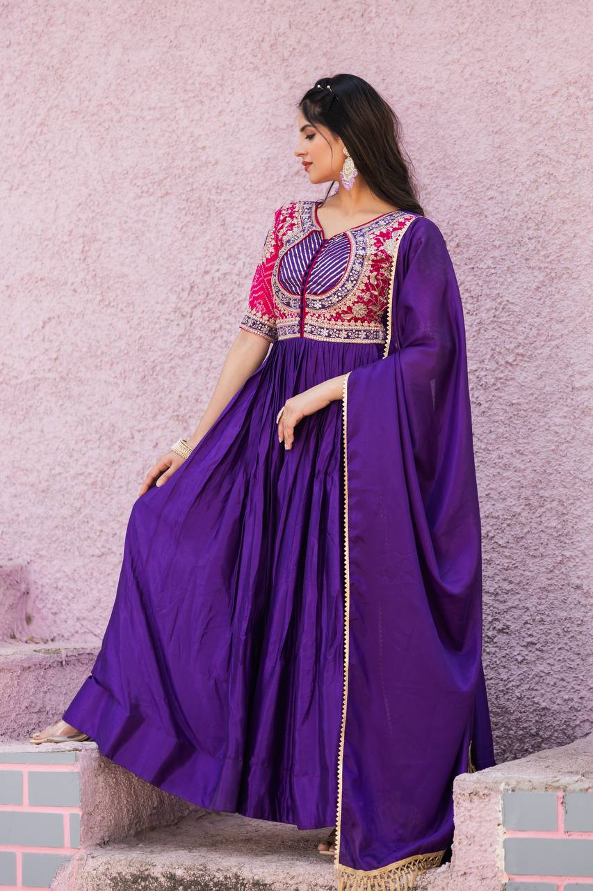 Elegant Pure Chinon Bandhej Gown with Heavy Sequence Embroidery Work - ETHNICDEAL