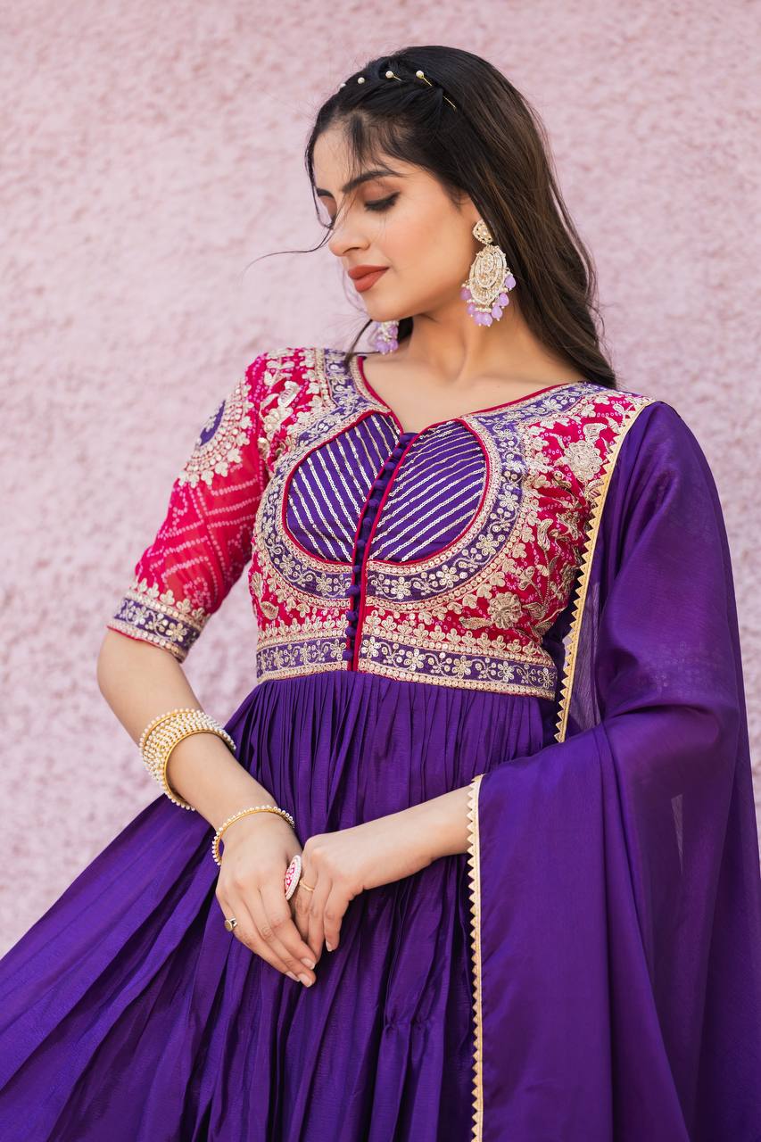 Elegant Pure Chinon Bandhej Gown with Heavy Sequence Embroidery Work - ETHNICDEAL