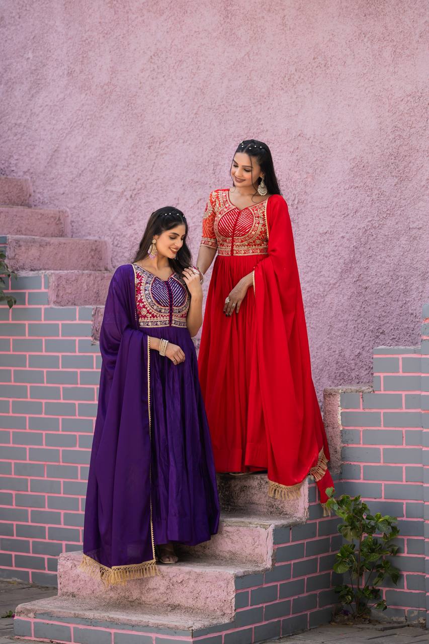 Elegant Pure Chinon Bandhej Gown with Heavy Sequence Embroidery Work - ETHNICDEAL