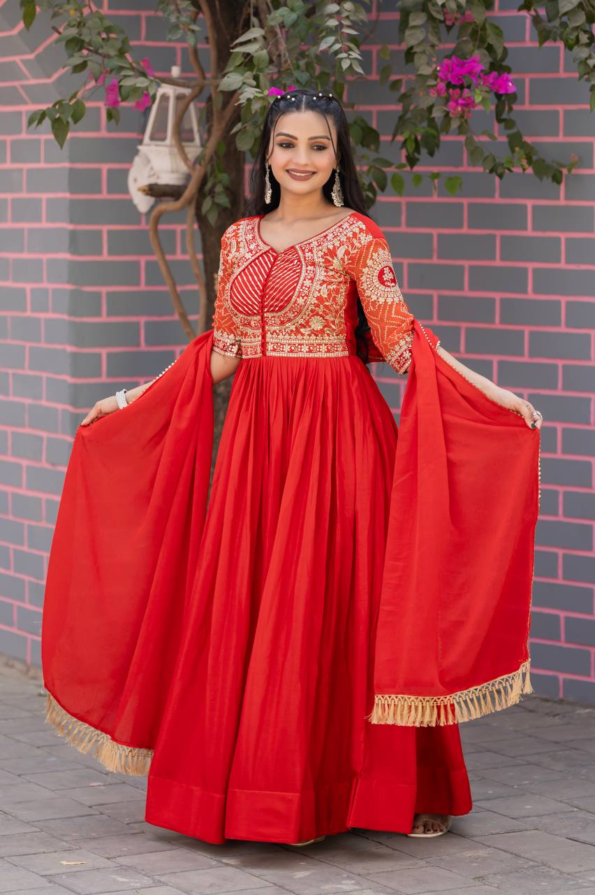 Elegant Pure Chinon Bandhej Gown with Heavy Sequence Embroidery Work - ETHNICDEAL