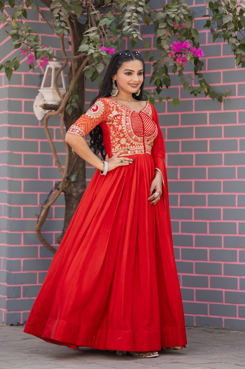 Elegant Pure Chinon Bandhej Gown with Heavy Sequence Embroidery Work - ETHNICDEAL