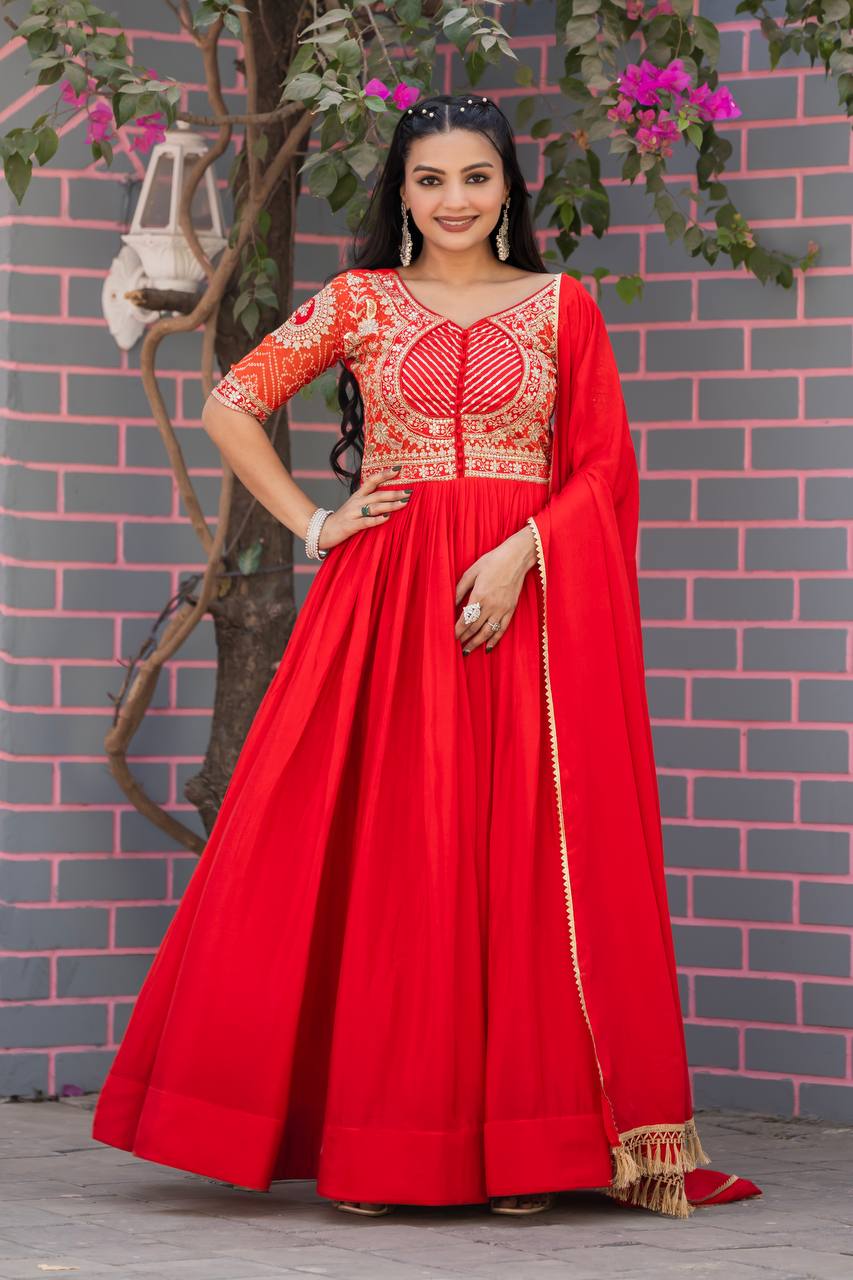 Elegant Pure Chinon Bandhej Gown with Heavy Sequence Embroidery Work - ETHNICDEAL