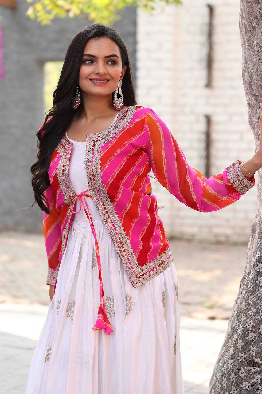 Chinon Gown with Leheriya Jacket – A Fusion of Modern Elegance & Traditional Charm - ETHNICDEAL