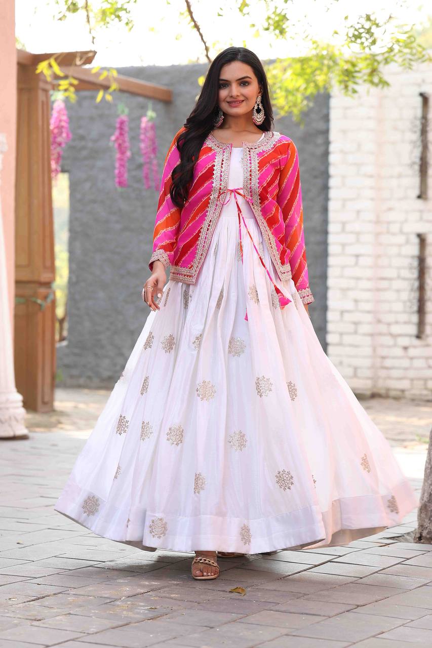 Chinon Gown with Leheriya Jacket – A Fusion of Modern Elegance & Traditional Charm - ETHNICDEAL