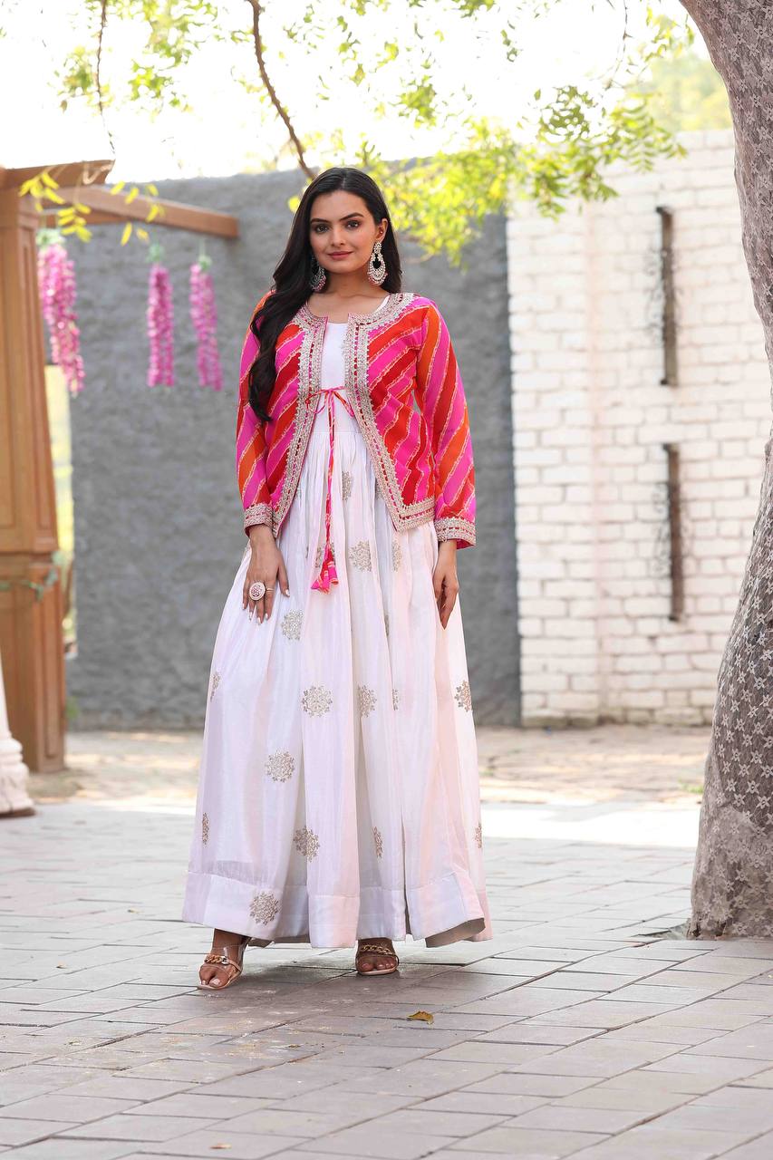 Chinon Gown with Leheriya Jacket – A Fusion of Modern Elegance & Traditional Charm - ETHNICDEAL