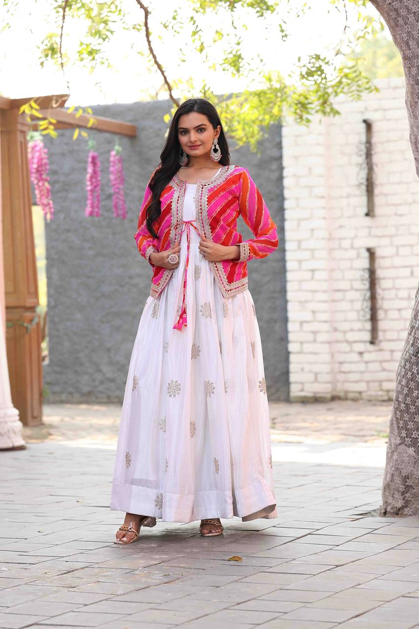 Chinon Gown with Leheriya Jacket – A Fusion of Modern Elegance & Traditional Charm - ETHNICDEAL