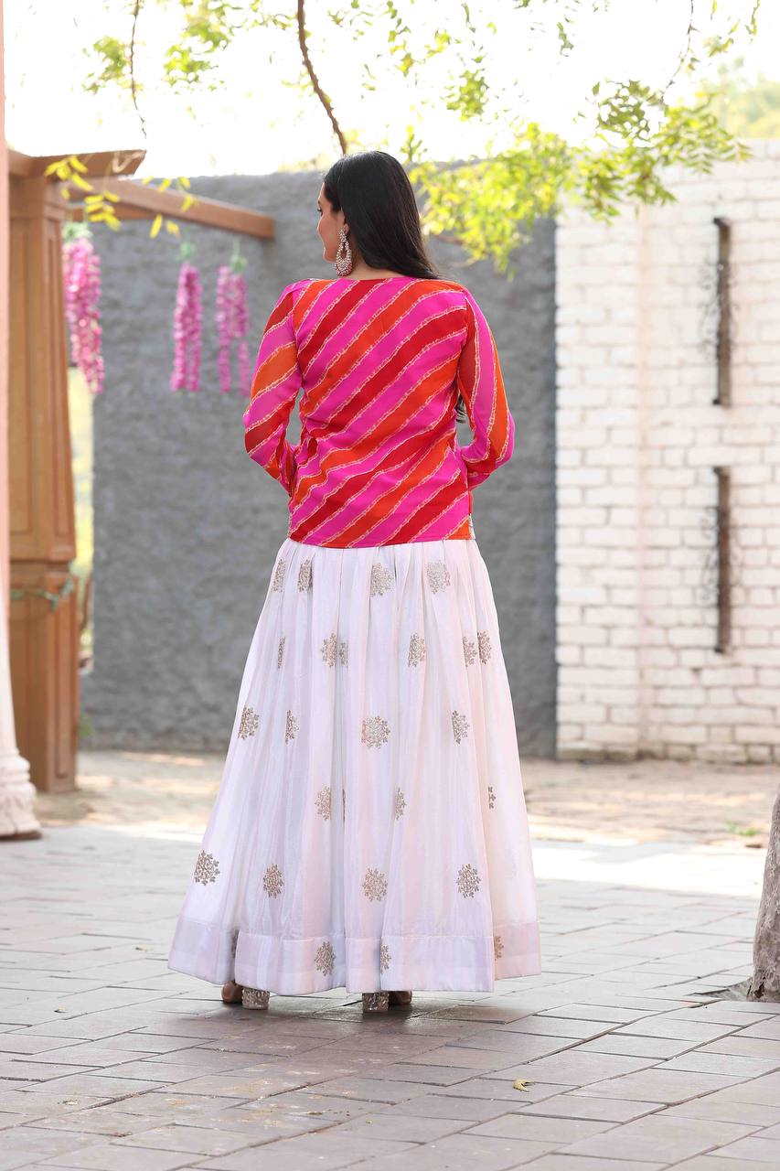 Chinon Gown with Leheriya Jacket – A Fusion of Modern Elegance & Traditional Charm - ETHNICDEAL