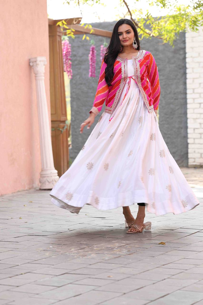 Chinon Gown with Leheriya Jacket – A Fusion of Modern Elegance & Traditional Charm - ETHNICDEAL