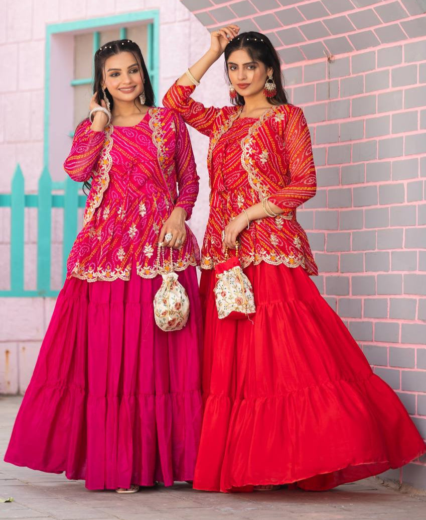 Elegant Bandhej Crop Top Lehenga & Jacket Set – A Perfect Fusion of Tradition & Style - ETHNICDEAL