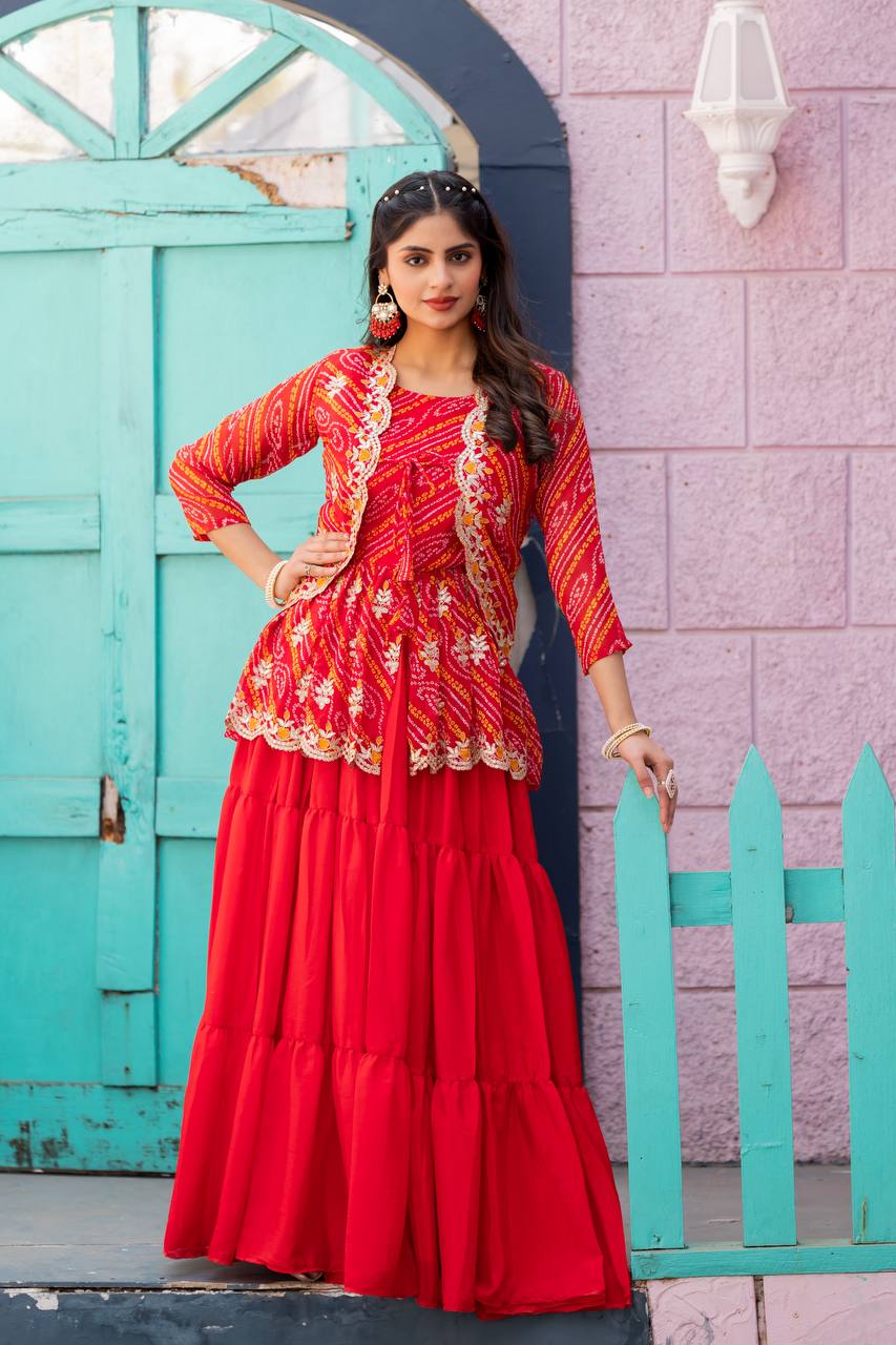 Elegant Bandhej Crop Top Lehenga & Jacket Set – A Perfect Fusion of Tradition & Style - ETHNICDEAL