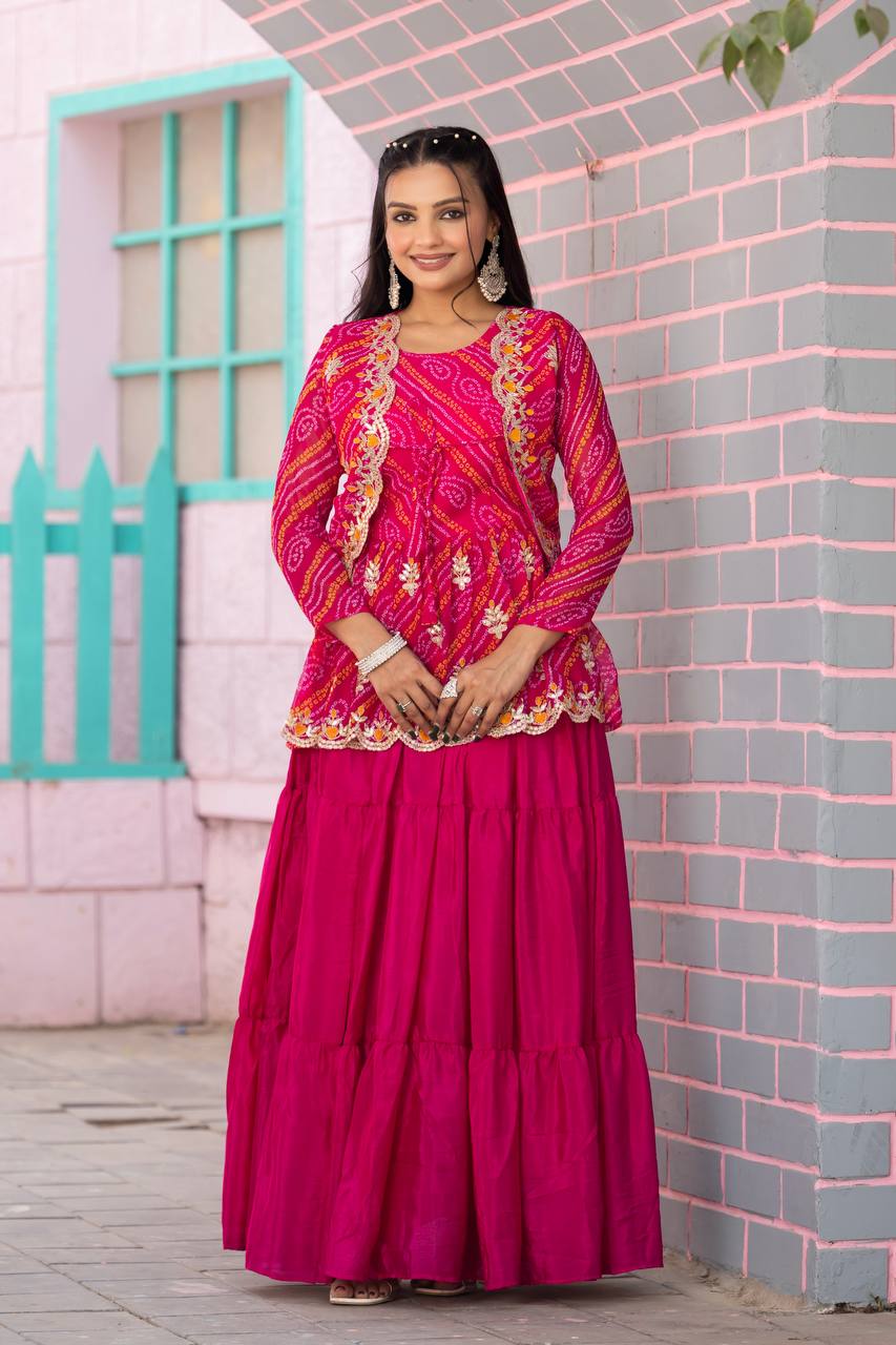 Elegant Bandhej Crop Top Lehenga & Jacket Set – A Perfect Fusion of Tradition & Style - ETHNICDEAL