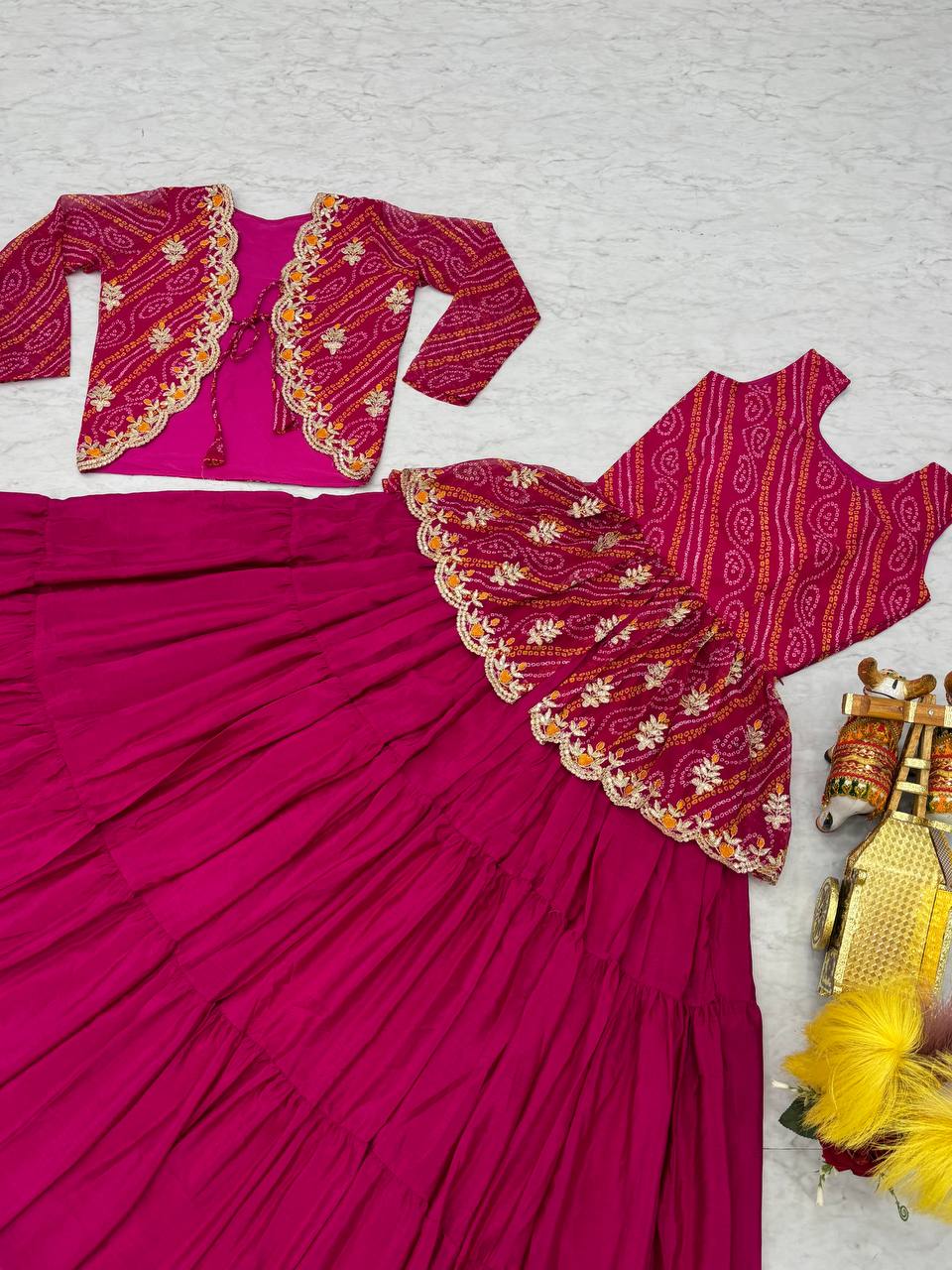 Elegant Bandhej Crop Top Lehenga & Jacket Set – A Perfect Fusion of Tradition & Style - ETHNICDEAL