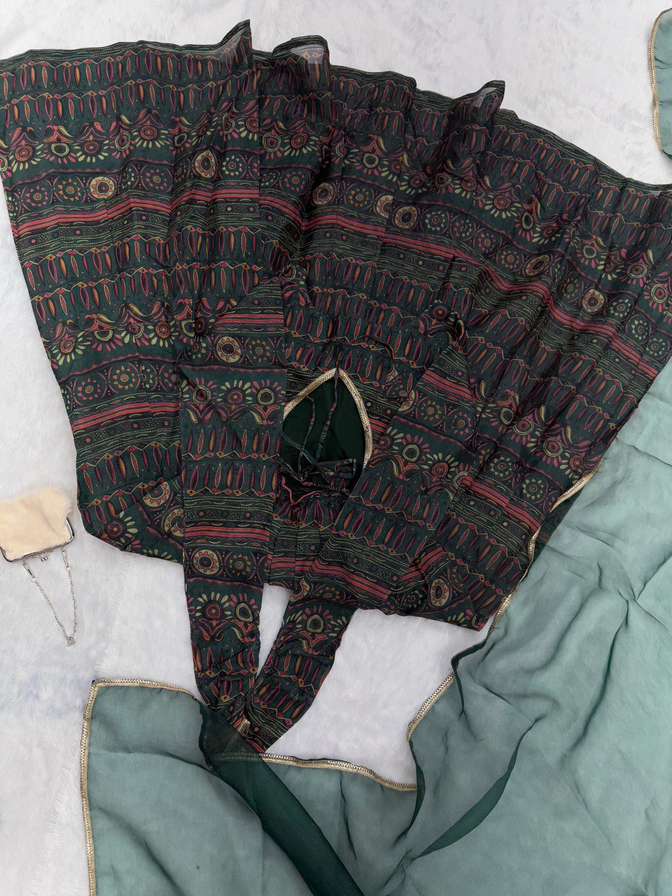 Alluring Mehendi Green Digital Printed Fully Flared Gown With Dupatta - Ethnicwish