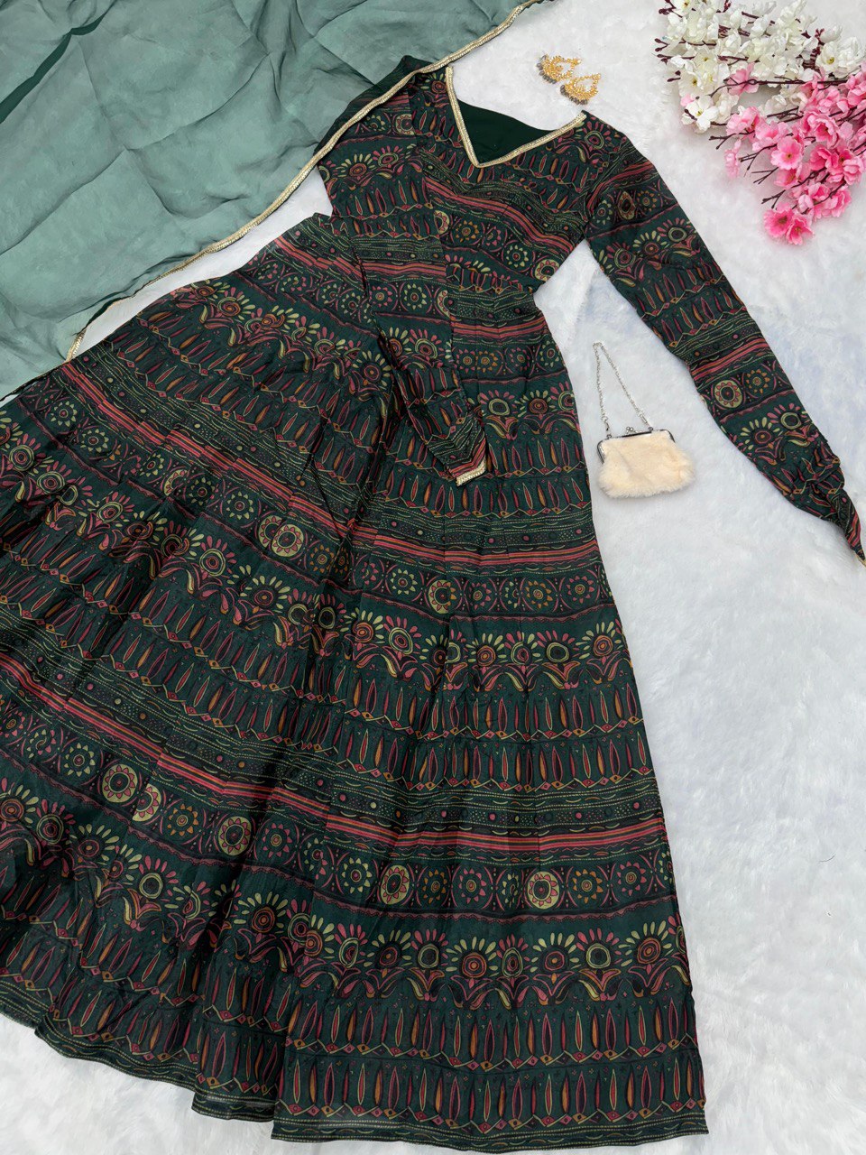 Alluring Mehendi Green Digital Printed Fully Flared Gown With Dupatta - Ethnicwish