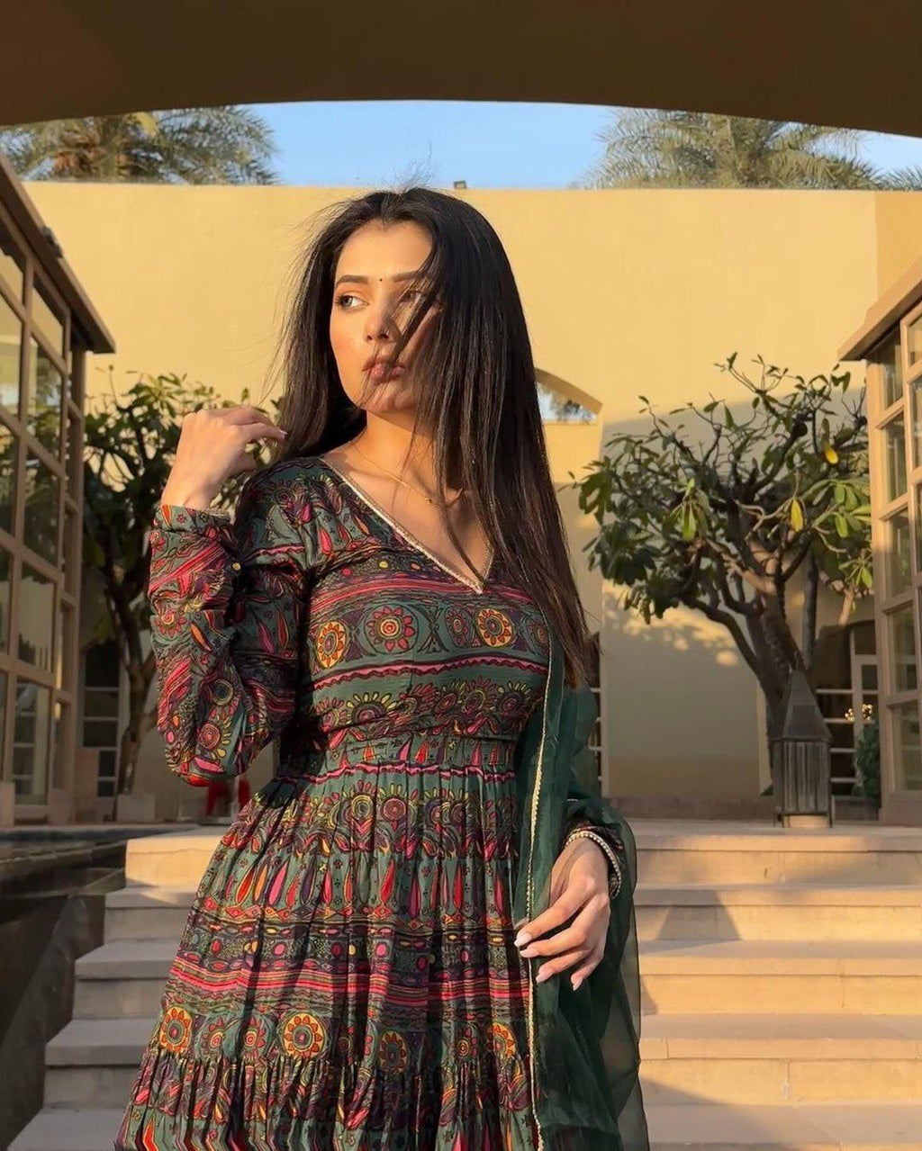 Alluring Mehendi Green Digital Printed Fully Flared Gown With Dupatta - Ethnicwish