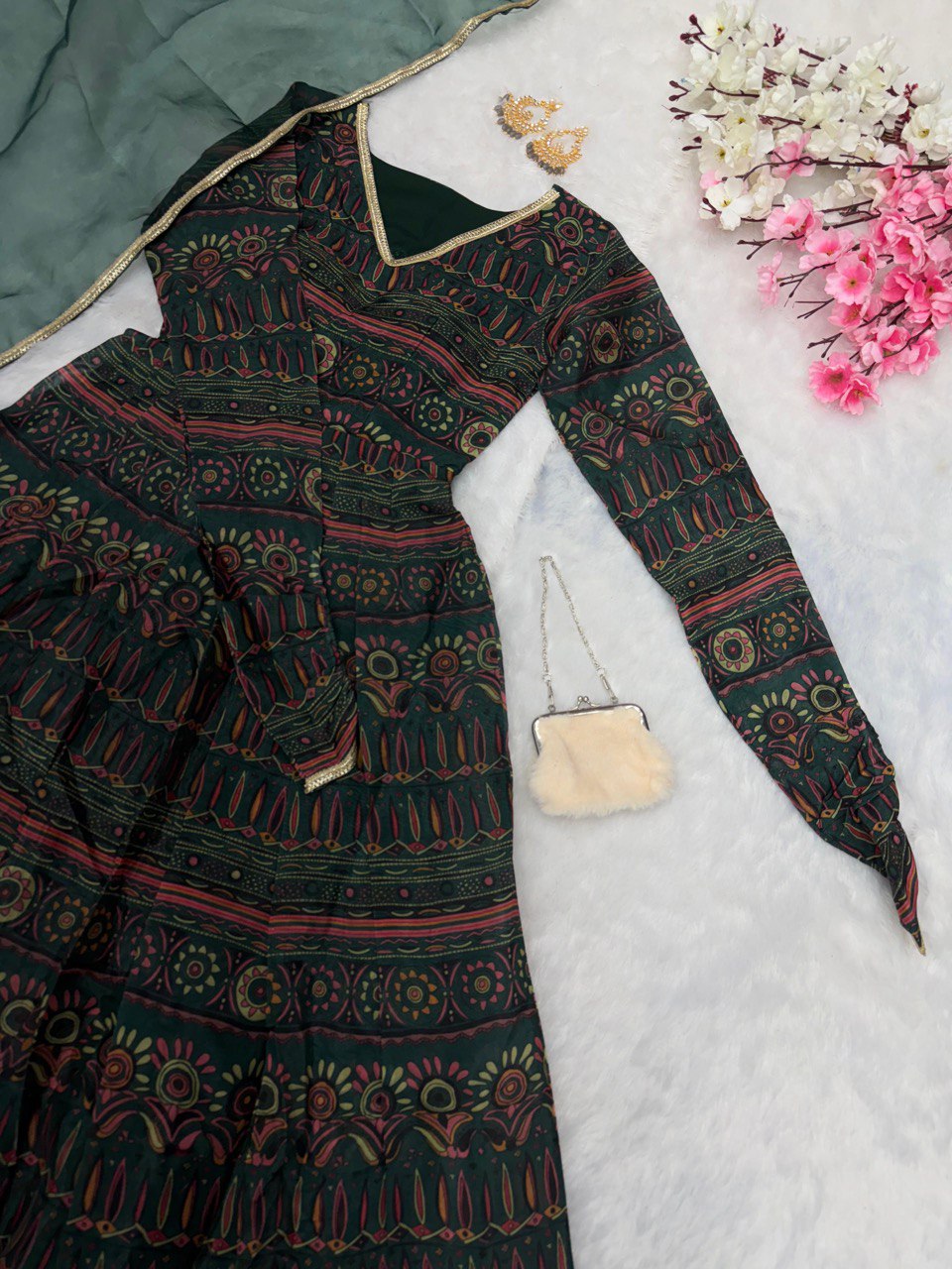 Alluring Mehendi Green Digital Printed Fully Flared Gown With Dupatta - Ethnicwish