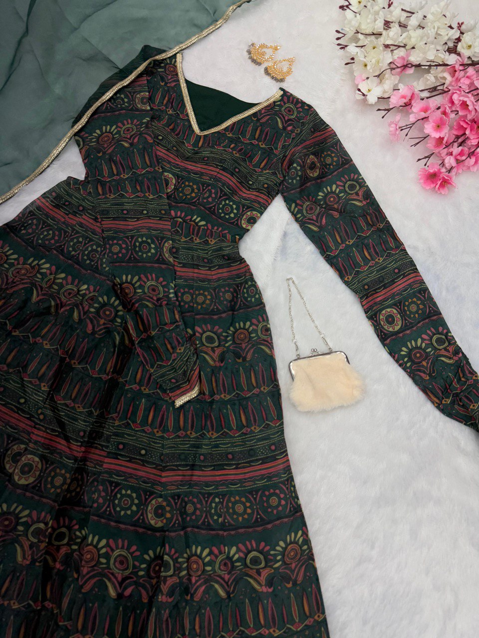 Alluring Mehendi Green Digital Printed Fully Flared Gown With Dupatta - Ethnicwish