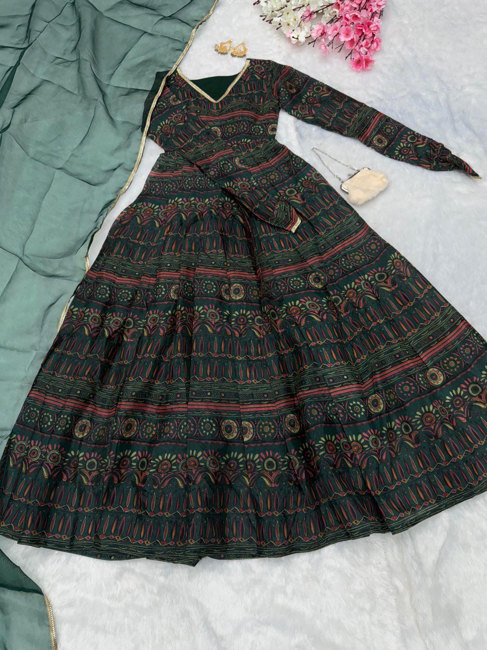 Alluring Mehendi Green Digital Printed Fully Flared Gown With Dupatta - Ethnicwish