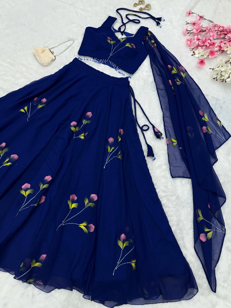 Blue Fully Stitched Hand-Painted Georgette Lehenga Set - ETHNICDEAL