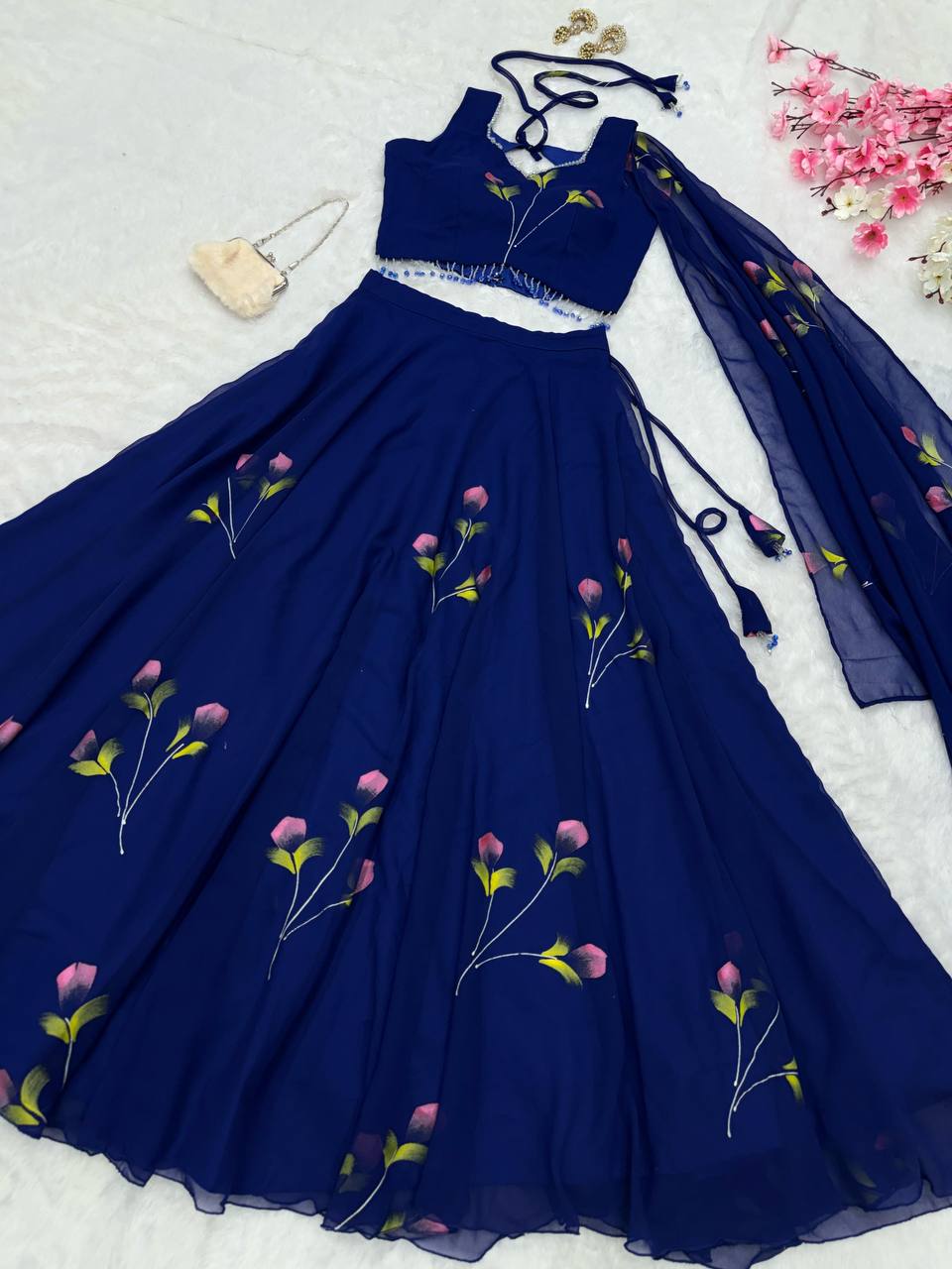 Blue Fully Stitched Hand-Painted Georgette Lehenga Set - ETHNICDEAL