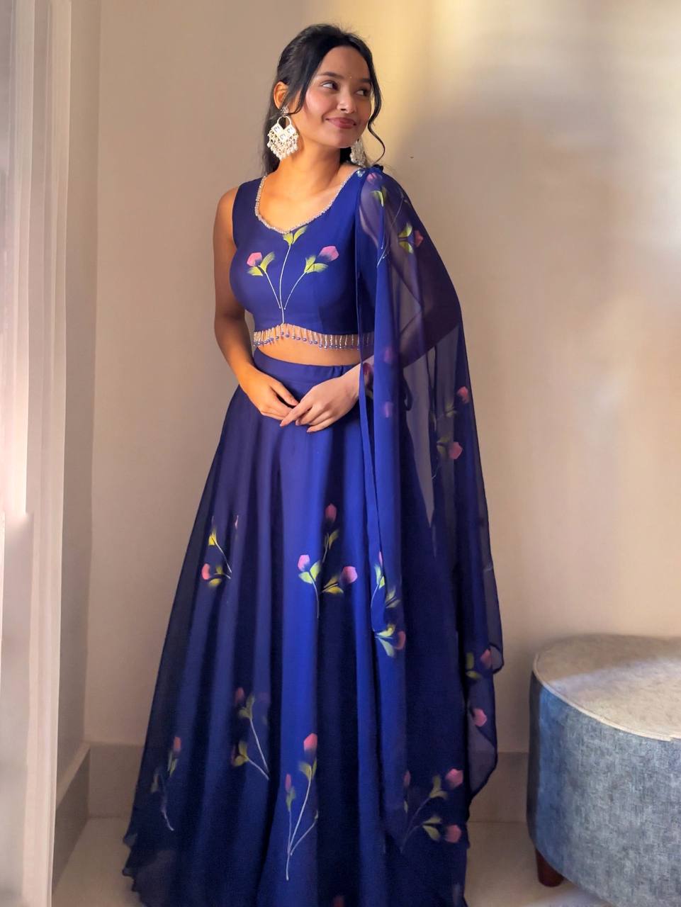 Blue Fully Stitched Hand-Painted Georgette Lehenga Set - ETHNICDEAL