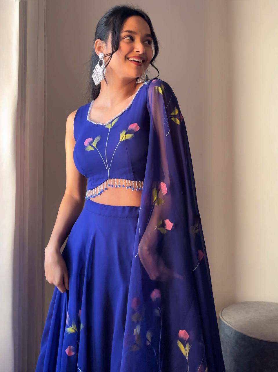 Blue Fully Stitched Hand-Painted Georgette Lehenga Set - ETHNICDEAL
