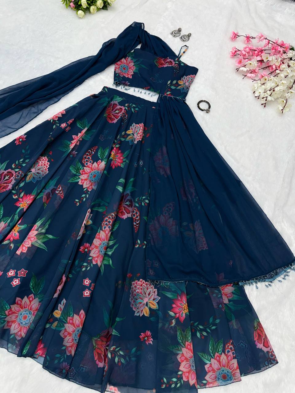 Blue Fully Stitched Floral Digital Printed Georgette Lehenga Set - ETHNICDEAL