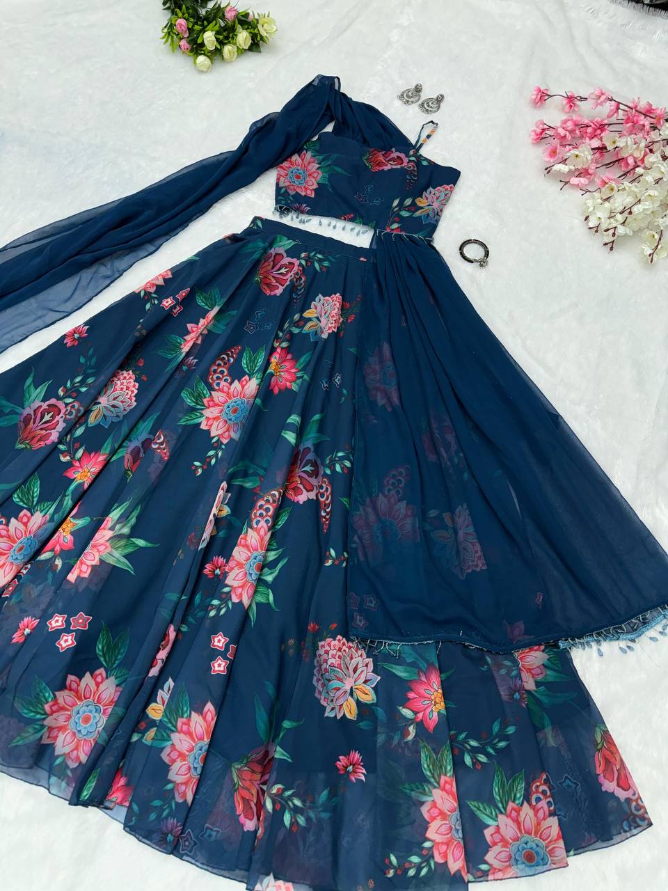 Blue Fully Stitched Floral Digital Printed Georgette Lehenga Set - ETHNICDEAL
