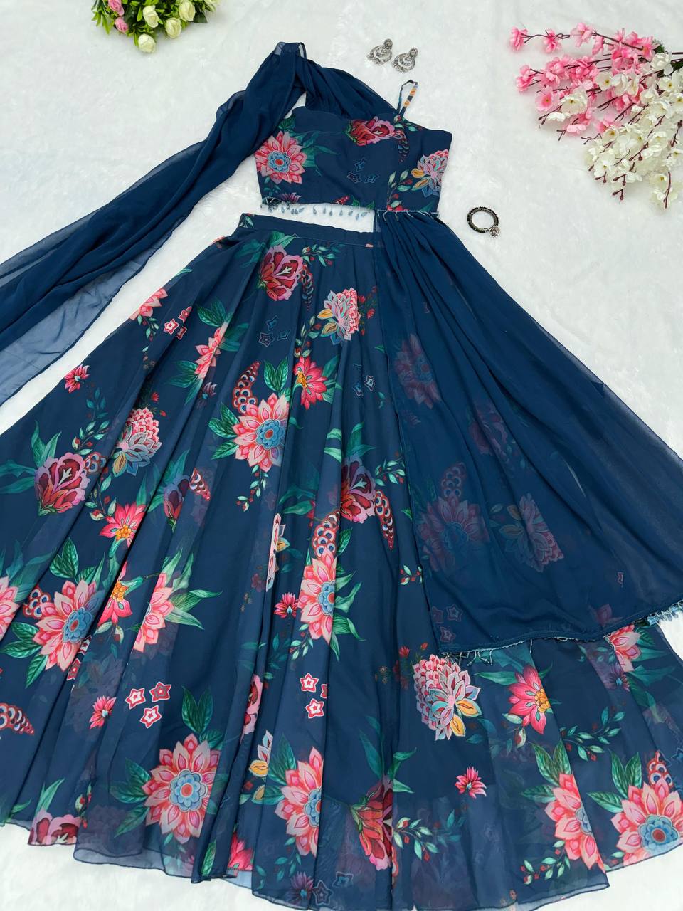 Blue Fully Stitched Floral Digital Printed Georgette Lehenga Set - ETHNICDEAL