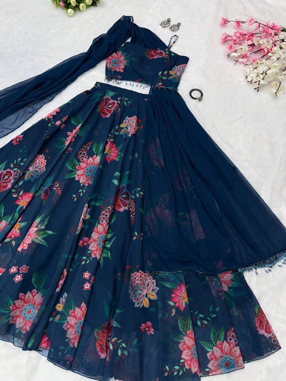 Blue Fully Stitched Floral Digital Printed Georgette Lehenga Set - ETHNICDEAL