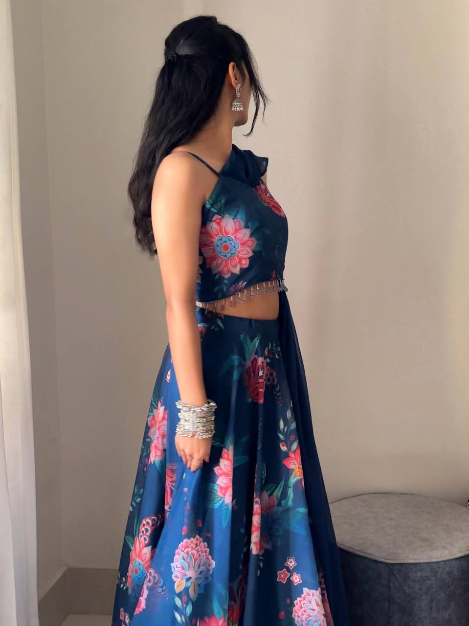 Blue Fully Stitched Floral Digital Printed Georgette Lehenga Set - ETHNICDEAL