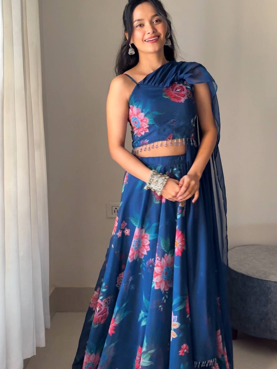 Blue Fully Stitched Floral Digital Printed Georgette Lehenga Set - ETHNICDEAL