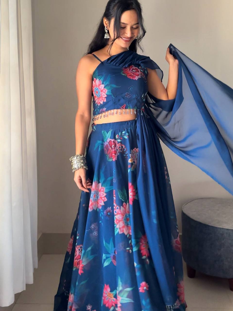 Blue Fully Stitched Floral Digital Printed Georgette Lehenga Set - ETHNICDEAL